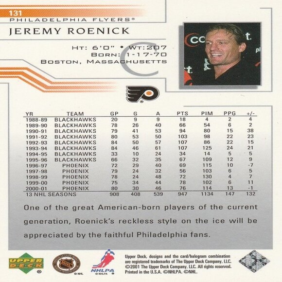 Jeremy Roenick 2001 Upper Deck Hockey Card - Picture 2 of 2